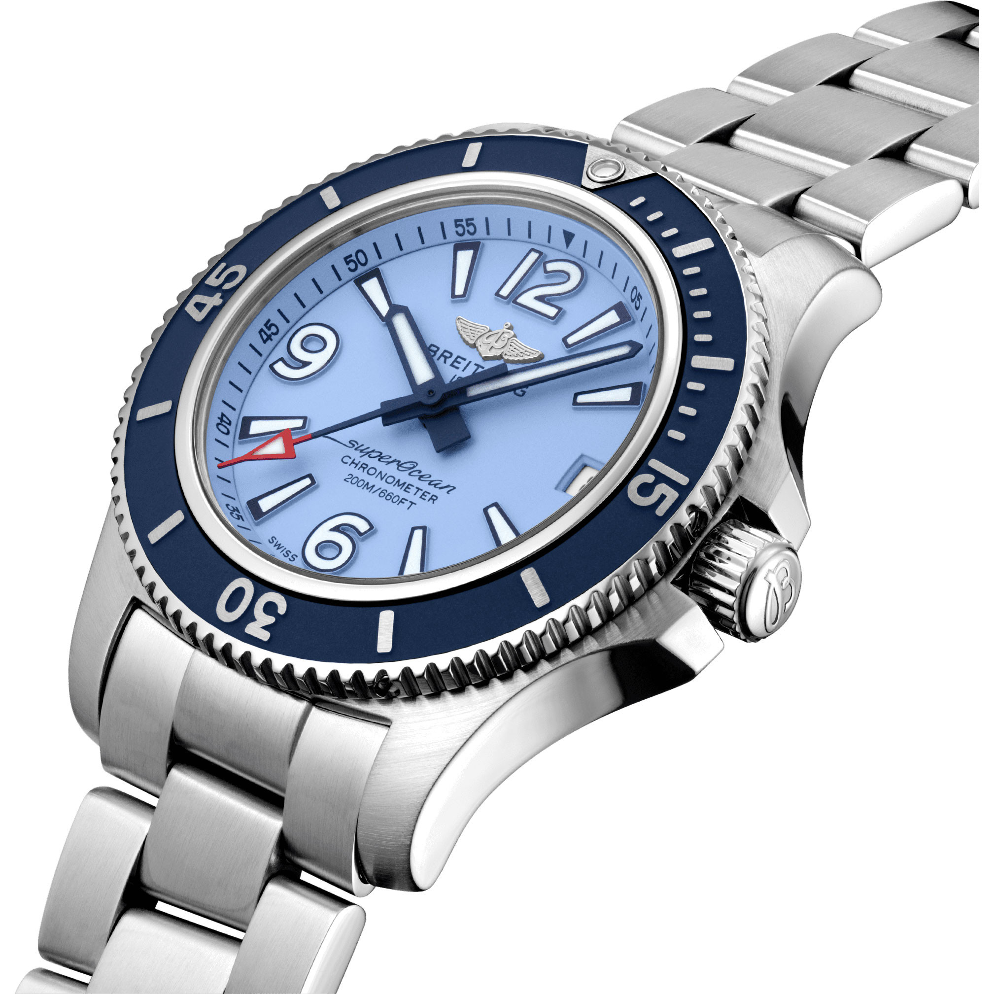 The 36 mm replica watch has light blue dial.